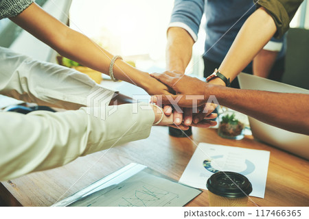 Team building, group and pile of hands with office, businesspeople and partnership for support. Teamwork, law firm and legal consultant for goal, help or mission target for corporate attorney 117466365
