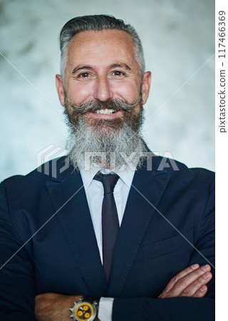Mature, businessman and smile in portrait with arms crossed in studio background for corporate fashion or style. Male person, trendy or confident in attire for professional consultant or employee 117466369