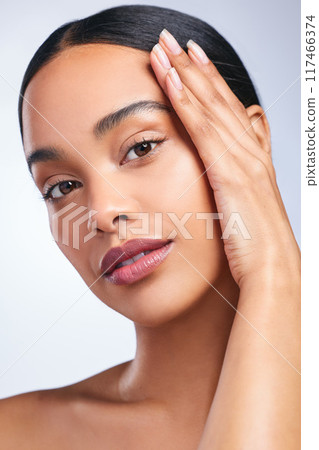 Woman, portrait and soft skincare in studio, healthy and hands for beauty on white background. Female person, cosmetics and touch smooth skin, facial treatment and foundation for dermatology glow Woman, portrait and soft skincare in studio, healthy and hands for beauty on white background. Female person, cosmetics and touch smooth skin, facial treatment and foundation for dermatology glow 117466374