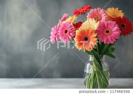 Bouquet of beautiful gerbera flowers in vase on table 117466398
