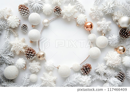 Christmas composition. Frame made of christmas decorations on white background. Flat lay, top view, copy space 117466409