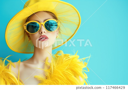 Fashion portrait of beautiful young woman in yellow hat and sunglasses on blue background. 117466429