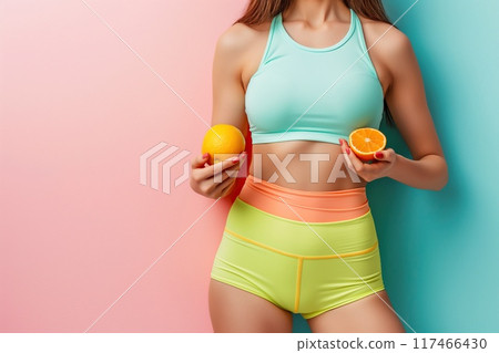 Sportswoman holding orange and lemon on pink background 117466430