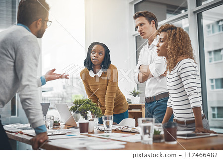 People, talk and business meeting with listening in office as web developer in internship, workshop and company. Teamwork, discussion and digital agency for skills, growth and career in brand design 117466482