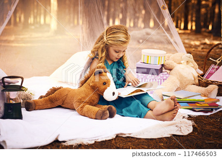 Reading book, girl kid and picnic in woods for development, education or fairytale story. Nature, fantasy and child on blanket with stuffed animal for relax, weekend break or literature in Canada Reading book, girl kid and picnic in woods for development, education or fairytale story. Nature, fantasy and child on blanket with stuffed animal for relax, weekend break or literature in Canada 117466503
