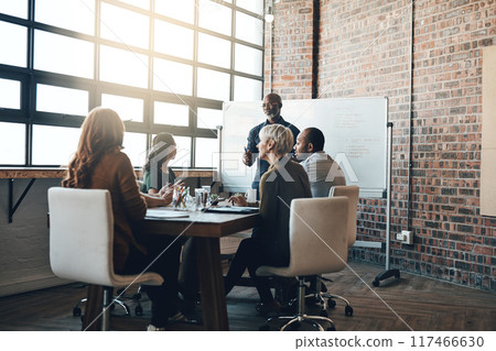 Meeting, man and presentation on whiteboard in office for feedback, planning and ideas of strategy development. People, presenter and workshop for coaching group support with business proposal pitch 117466630