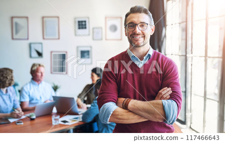 Portrait, meeting and business man with arms crossed for teamwork and support for project management in office. Creative agency, confident and mature male manager with pride for staff collaboration Portrait, meeting and business man with arms crossed for teamwork and support for project management in office. Creative agency, confident and mature male manager with pride for staff collaboration 117466643