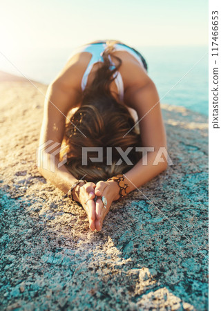 Beach, meditation or girl with prayer hands, body or stretching in nature for wellness, freedom or mental health balance. Peace, gratitude or person at sea for worship, healing or holistic self care 117466653