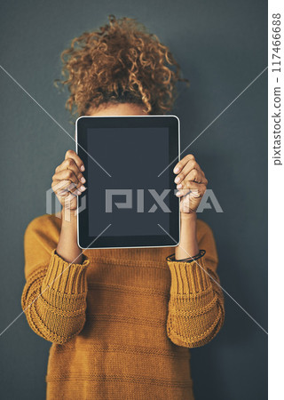 Cover face, wall background and woman with tablet screen for website review, internet and social media. Mockup space, studio and person with digital technology for mobile app, info and online news Cover face, wall background and woman with tablet screen for website review, internet and social media. Mockup space, studio and person with digital technology for mobile app, info and online news 117466688
