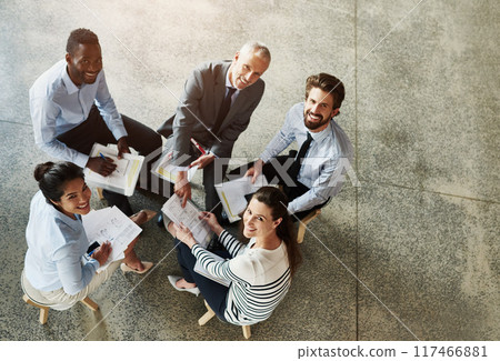 Businesspeople, meeting and above in portrait with happiness, planning and ideas in office with notes. Diversity, workplace and smiling staff with documents for company project with collaboration. Businesspeople, meeting and above in portrait with happiness, planning and ideas in office with notes. Diversity, workplace and smiling staff with documents for company project with collaboration. 117466881