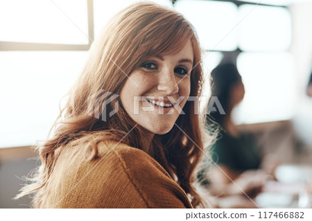 Woman, office and portrait with smile for business meeting, accounting career or finance company. Female accountant, happiness and workplace in London with professional employee, manager on training Woman, office and portrait with smile for business meeting, accounting career or finance company. Female accountant, happiness and workplace in London with professional employee, manager on training 117466882