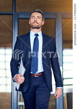 Documents, vision and walking with lawyer man leaving office of legal firm for court or trial. Justice, paperwork or thinking and confident, mature attorney or legal consultant at work in suit Documents, vision and walking with lawyer man leaving office of legal firm for court or trial. Justice, paperwork or thinking and confident, mature attorney or legal consultant at work in suit 117466894