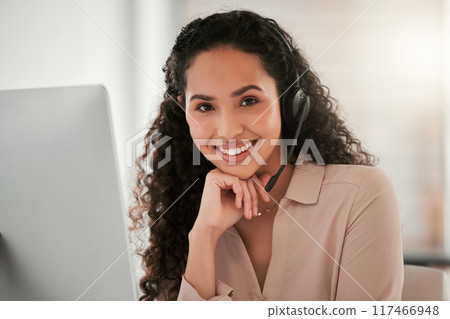 Portrait, pride and woman with headset in office for career, call agent or telecommunication. Professional, business person or consultant for advice, support or answer questions for customer service 117466948