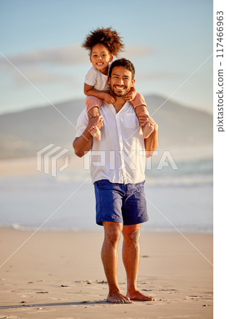 Portrait, father and child on shoulder or beach fun on holiday, bonding and walking on sea sand or vacation. Family, together and carefree girl or ocean trip for adventure, summer and relaxing Portrait, father and child on shoulder or beach fun on holiday, bonding and walking on sea sand or vacation. Family, together and carefree girl or ocean trip for adventure, summer and relaxing 117466963