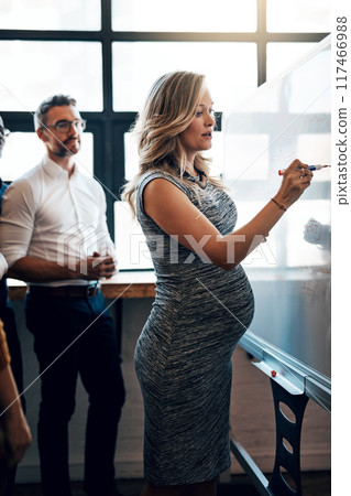Office, pregnant woman and writing in whiteboard for planning, strategy and idea as project manager. Leader, teamwork and collaboration as employees with training, coaching and workshop for growth 117466988
