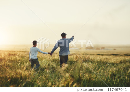 Back, field and father with son, holding hands and walking with sunshine, travel and bonding together. Family, single parent and dad with kid, boy and child with weekend break, nature and adventure Back, field and father with son, holding hands and walking with sunshine, travel and bonding together. Family, single parent and dad with kid, boy and child with weekend break, nature and adventure 117467041