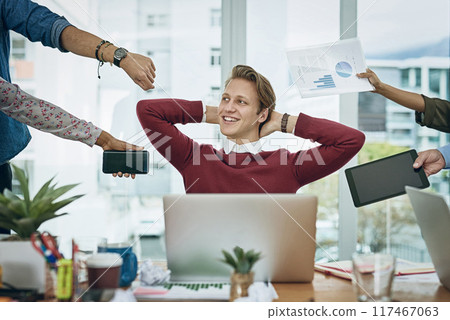 Man, multitasking and happy in office with hands, staff and documentation for deadline at startup. Person, peace and calm with paperwork, charts and relax with time management, phone call or laptop 117467063