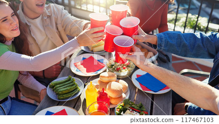 Cheers, drinks and group of friends outdoor for fourth of July celebration, social event or party. Toast, American flag and young people with alcohol bonding together at barbecue for weekend. 117467103