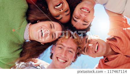 Friends, people and portrait in huddle with low angle for team building, happy and solidarity outdoor. Group, face and smile with head together for partnership, unity and trust with collaboration Friends, people and portrait in huddle with low angle for team building, happy and solidarity outdoor. Group, face and smile with head together for partnership, unity and trust with collaboration 117467114