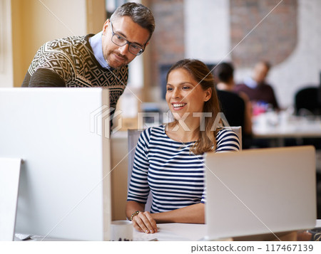 Collaboration, meeting and business people on laptop for help, feedback and training intern in office. Creative company, teamwork and man and woman on computer for online project, website or research 117467139
