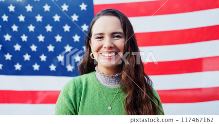 Patriotism, portrait and smile with woman on USA flag for democracy, freedom or home of brave. Culture, history or tradition and face of happy person on stars and stripes for celebration in America 117467162
