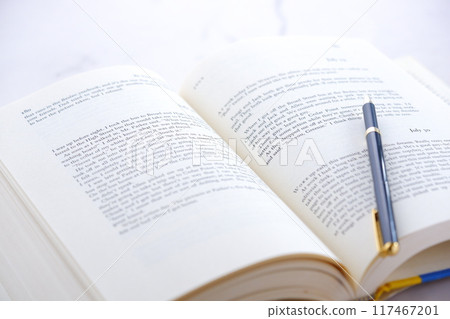 An image of someone opening the page of an English book and enjoying reading leisurely. 117467201