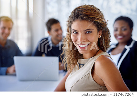 Meeting, face and woman in project, happy and proud of teamwork in boardroom, laptop and confident in company. Business, auditor and person in workplace, professional and portrait of employee 117467204