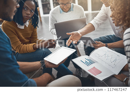 People, tablet screen and business meeting for data analysis, mockup space as web developer in brainstorming. Group, tech and digital agency in research, charts or career in brand design for company 117467247