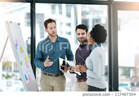 Office, meeting and whiteboard for discussion, planning and erp notes with tablet for report. Man, woman and team for small business, teamwork and collaboration for partnership or b2b project 117467304