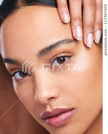 Woman, portrait and clear skincare in closeup, healthy and nails for beauty or wellness. Female person, cosmetics and touch soft or smooth skin, facial treatment and manicure for dermatology glow Woman, portrait and clear skincare in closeup, healthy and nails for beauty or wellness. Female person, cosmetics and touch soft or smooth skin, facial treatment and manicure for dermatology glow 117467409