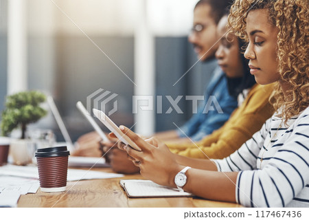 Woman, tablet and office meeting with group in office as web developer in internship for company in workshop. Female person, tech and digital agency for skills, growth and career in brand design 117467436