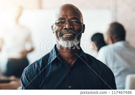 Black man, glasses and portrait with smile for business meeting, accounting career or finance company. Male accountant, happiness and office in Nigeria with professional employee, manager on training 117467486