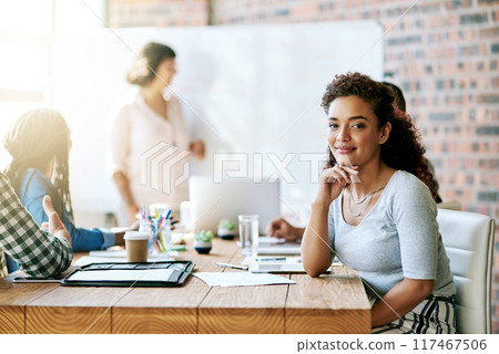 Business, presentation and portrait of girl in office with documents for teamwork, planning or idea inspiration. Meeting, face or accounting intern with group of people for sales, profit or feedback 117467506