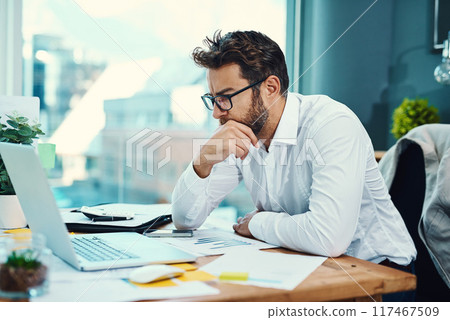 Office, thinking and male accountant with laptop for planning, strategy or review in workplace. Businessman, idea or reading on computer for finances, updates or problem solving in corporate industry Office, thinking and male accountant with laptop for planning, strategy or review in workplace. Businessman, idea or reading on computer for finances, updates or problem solving in corporate industry 117467509