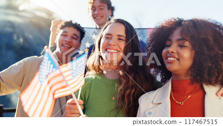 Group, friends and USA flag at outdoor party, happy and celebration for union in Florida. Men, women and gen z people with cheers, hug or smile for memory, diversity or patriots on Independence Day Group, friends and USA flag at outdoor party, happy and celebration for union in Florida. Men, women and gen z people with cheers, hug or smile for memory, diversity or patriots on Independence Day 117467515