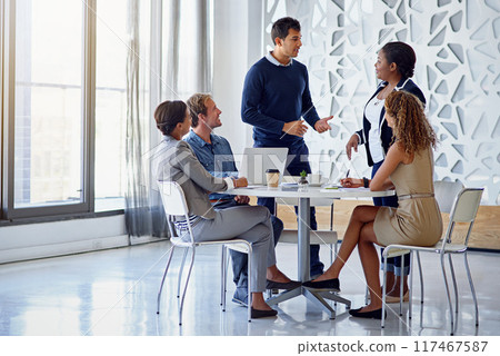 Discussion, meeting and businesspeople with leader, planning or teamwork in office. Collaboration, lawyer or diversity for litigation team, defence and strategy or brainstorming for law firm employee 117467587