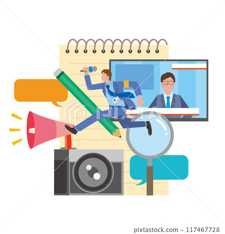 Illustration of reporters and news reporters running around to cover stories Illustration of reporters and news reporters running around to cover stories 117467728