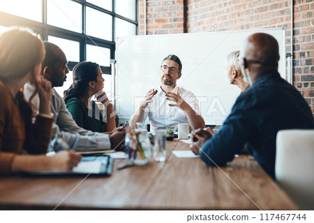 Man, manager and meeting or presentation in boardroom with coworkers for corporate business seminar. Discussion, financial and training for company growth with teamwork, leader and workshop mentor 117467744