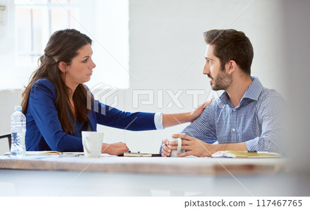 Business people, hr manager and employee support for burnout, fatigue and stress in office. Corporate team, human resources and coaching with advice for work pressure, low performance and anxiety 117467765