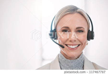 Call center, portrait and happy woman in office consulting for crm, faq or contact us with customer support. Telemarketing, face and lead generation consultant with virtual, help and b2b networking 117467787