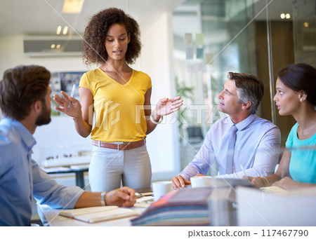 Presentation, meeting or business people discussion in office for planning, teamwork and collaboration. Communication, group or staff in workplace for deal, project review or brainstorm together Presentation, meeting or business people discussion in office for planning, teamwork and collaboration. Communication, group or staff in workplace for deal, project review or brainstorm together 117467790