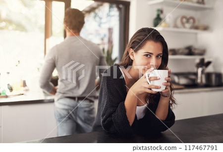 Portrait, coffee and woman in kitchen with man, aroma and relaxation in house on vacation. Female person, smiling and beverage on holiday with partner, leisure and enjoyment together in Spain Portrait, coffee and woman in kitchen with man, aroma and relaxation in house on vacation. Female person, smiling and beverage on holiday with partner, leisure and enjoyment together in Spain 117467791