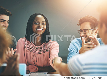 Interview, applause and business woman with handshake for hr in office celebration, support or recruitment success. Thank you, promotion and people shaking hands for contract offer, intro or b2b deal 117467849