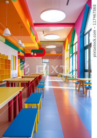 A colorful room with a lot of tables and chairs A colorful room with a lot of tables and chairs 117467868