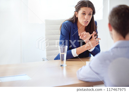 Business people, hr meeting and employee conflict for complaint, punishment and resolution in office. Corporate team, human resources and performance review for help and advice with administration 117467975