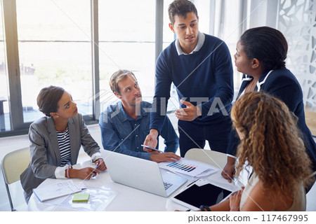Business people, teamwork and cooperation with conversation, feedback and professional in modern office. Staff, employees and coworkers with ideas, collaboration and review with brainstorming or talk 117467995