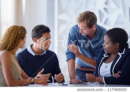 Business people, teamwork and cooperation with planning, brainstorming and professional in modern office. Group, employees and coworkers with ideas, collaboration and diversity with conversation 117468082