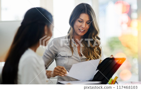 Business women, documents and meeting in office with discussion, planning and paperwork for feedback. Manager, employee and administration in workplace for review, conversation and strategy with help 117468103