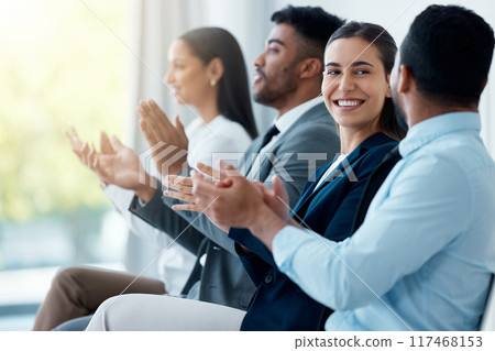 Business people, smile and meeting with applause in row or crowd for communication at trade show. Corporate team, clapping hands and audience in training seminar or conference for networking Business people, smile and meeting with applause in row or crowd for communication at trade show. Corporate team, clapping hands and audience in training seminar or conference for networking 117468153