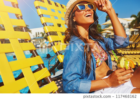 Vacation, pool and woman sitting on chair for relax in sunshine, cocktail at hotel in summer. Female person, holiday or wellness in Mauritius with happiness for travel, sunglasses on tropical island Vacation, pool and woman sitting on chair for relax in sunshine, cocktail at hotel in summer. Female person, holiday or wellness in Mauritius with happiness for travel, sunglasses on tropical island 117468162